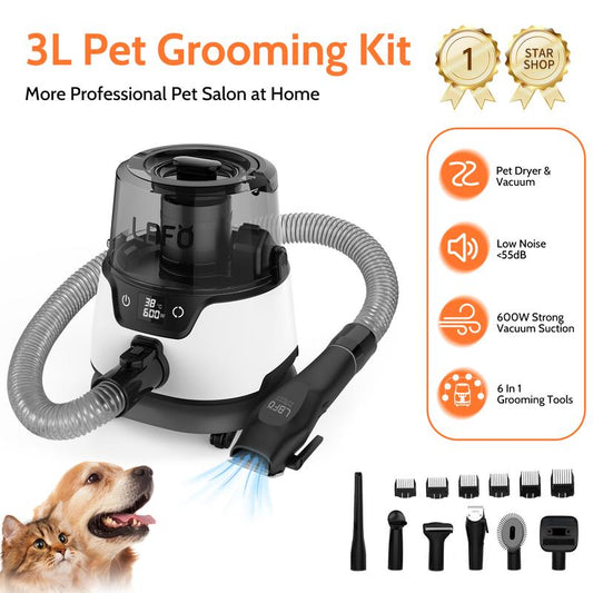 Pet Hair Vacuum and Dog Dryer with 6 Pet Grooming Tools 600W Dog Grooming Vacuum with 3L Dust Cup Low Noise Pet Hair Dryer Vacuum Guide Comb