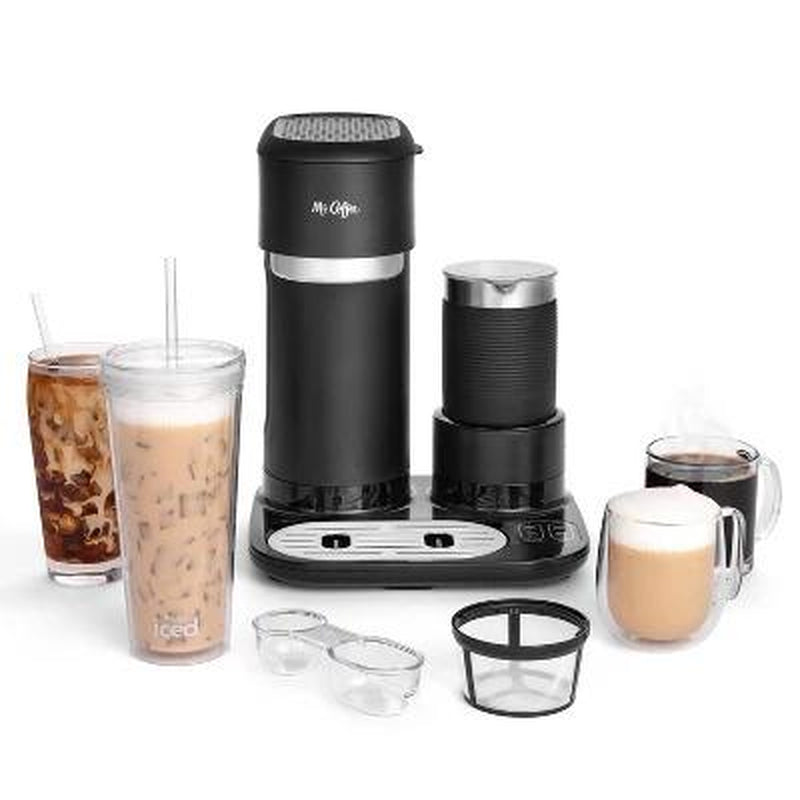 Mr. Coffee 4-In-1 Single-Serve Latte, Iced, and Hot Coffee Maker with Milk Frother and Tumbler Black