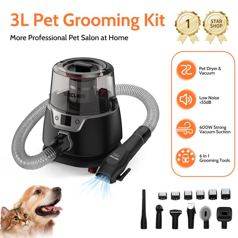 Pet Hair Vacuum and Dog Dryer with 6 Pet Grooming Tools 600W Dog Grooming Vacuum with 3L Dust Cup Low Noise Pet Hair Dryer Vacuum Guide Comb