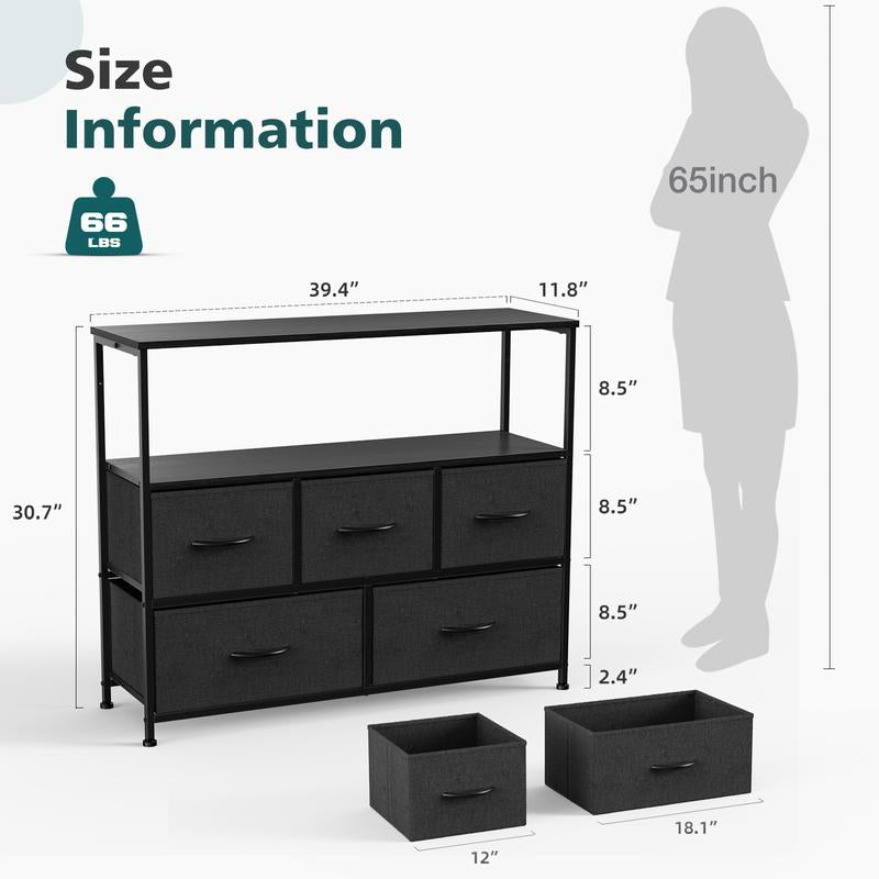 Furnichic Haven TV Stand Drawer with 5 Drawers, Open Storage Shelf Dresser for Bedroom/Living Room/Aisle, Multifunctional Dresser