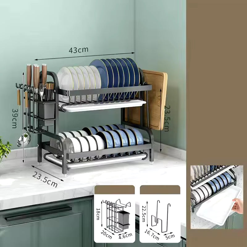 2024 NEW Dish Drying Rack 2-Tier Compact Kitchen Dish Rack Drainboard Set Large Rust-Proof Dish Drainer with Utensil Holder