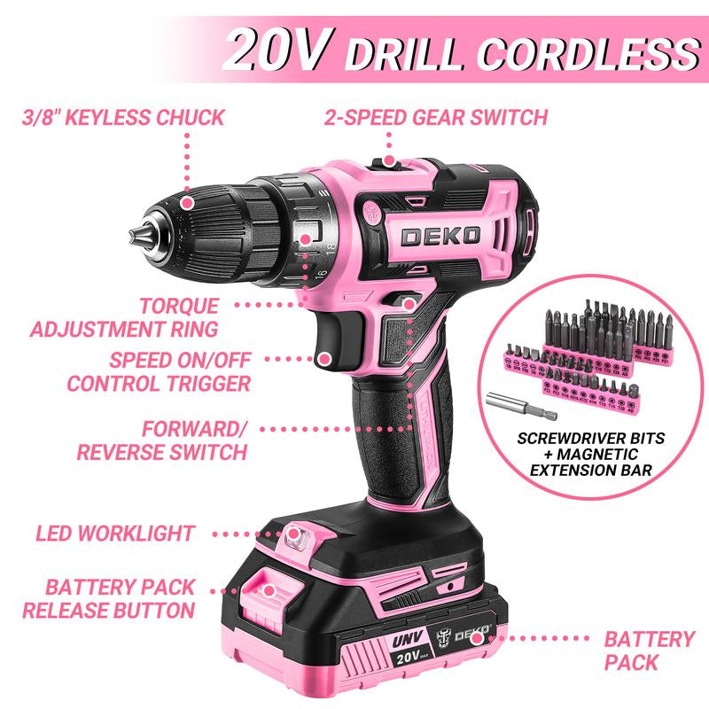 DEKO 186-Piece 20V Cordless Drill & Multi-Functional Tool Kit – All-In-One Electric Drill Driver Set with Battery for DIY, Home Repair, Pink Power Tools Kit, Valentine'S Day Gift