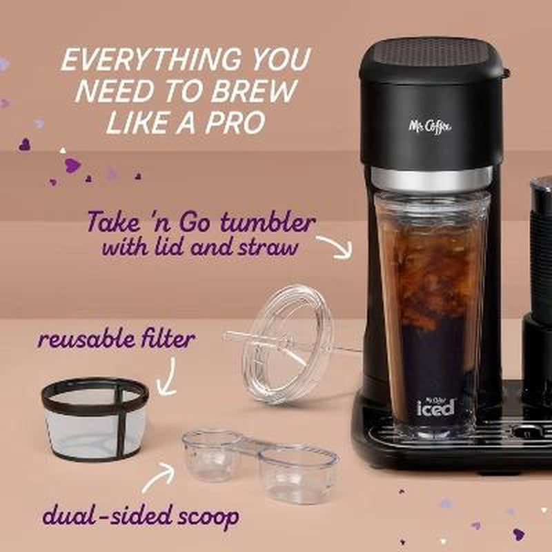 Mr. Coffee 4-In-1 Single-Serve Latte, Iced, and Hot Coffee Maker with Milk Frother and Tumbler Black