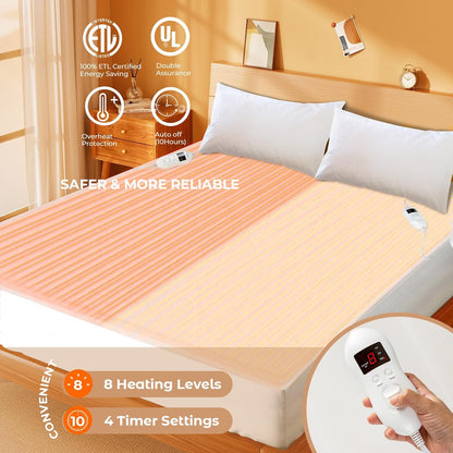 Dual Sided Electric Mattress Pad,  King Bed Warmer, Heating Pads for Bed, Heated Mattress Pads W/ 8 Heating Levels, 4 Timer Settings, Machine Washable