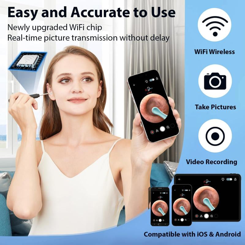 Ear Wax Removal Tool, Ear Cleaner Camera with 1296P, Ear Cleaning Kit with 6 Ear Pick, Ear Camera for Iphone, Ipad, Android Phones, with 8 Pcs Ear Set