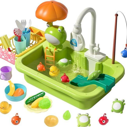 CUTE STONE Play Sink with Running Water,Sink Toys with Upgraded Electric Faucet, Pool Floating Fishing Toys for Water Play, Realistic Cookingset Toys