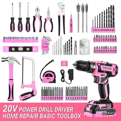 DEKO 186-Piece 20V Cordless Drill & Multi-Functional Tool Kit – All-In-One Electric Drill Driver Set with Battery for DIY, Home Repair, Pink Power Tools Kit, Valentine'S Day Gift