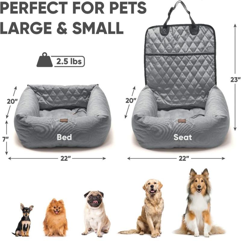 Dog Car Booster Seat - Luxurious 2-In-1 Dog Carseat & Comfy Indoor Lounge Bed for Dogs & Cats - Easy to Install Water Resistant Pet Booster Seat for Car with Pet Seat Belt Leash