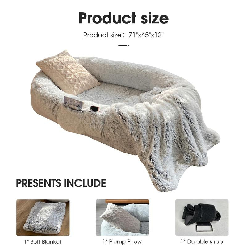 [Deals for You] Human Dog Bed, 71''X45''X12'' Size Fits You and Pets, Washable Faux Fur Dog Bed for Humans Doze Off, Napping Orthopedic Dog Bed, Present Plump Pillow, Blanket, Strap - Grey Orthopedic Dog