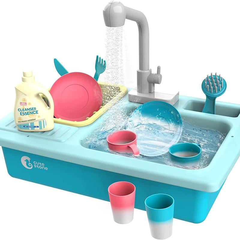 CUTE STONE Play Sink with Running Water,Sink Toys with Upgraded Electric Faucet, Pool Floating Fishing Toys for Water Play, Realistic Cookingset Toys