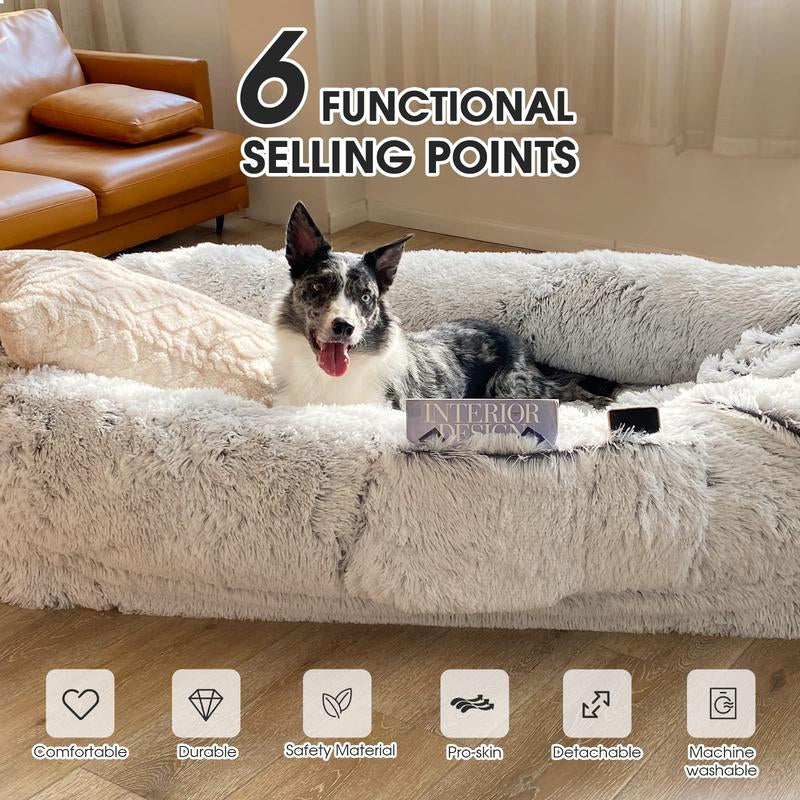 [Deals for You] Human Dog Bed, 71''X45''X12'' Size Fits You and Pets, Washable Faux Fur Dog Bed for Humans Doze Off, Napping Orthopedic Dog Bed, Present Plump Pillow, Blanket, Strap - Grey Orthopedic Dog