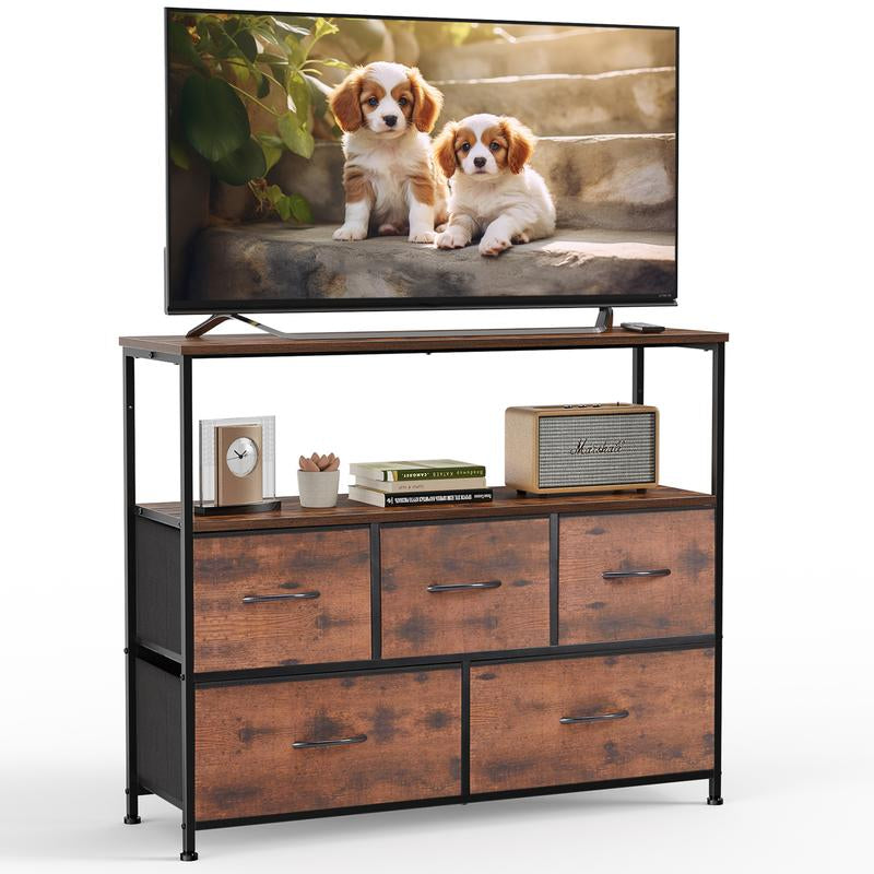 Furnichic Haven TV Stand Drawer with 5 Drawers, Open Storage Shelf Dresser for Bedroom/Living Room/Aisle, Multifunctional Dresser