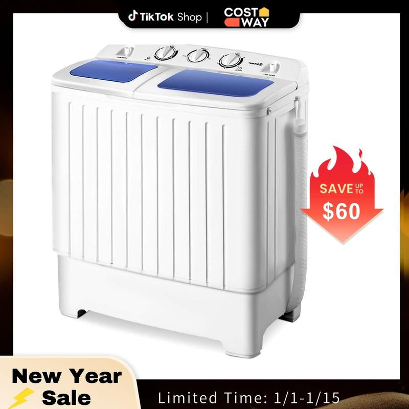 [NEW YEAR SALE] 【Costway】- Twin Tub Washer and Dryer Combo, 20Lbs Capacity (12Lbs Washing and 8Lbs Spinning) Washing Machine, Compact Portable Mini Laundry Washer for Apartment, Semi-Automatic, Inlet and Drain Hose