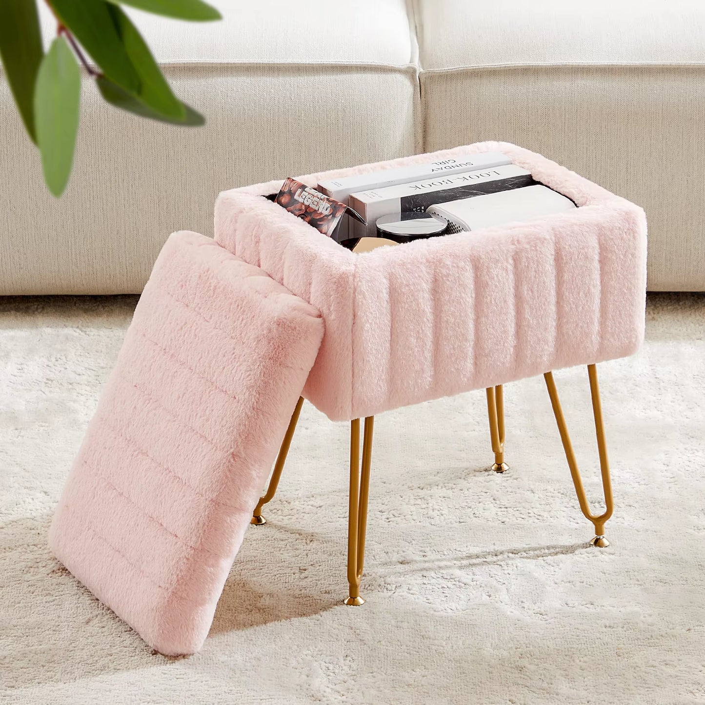 Faux Fur Living Room Hidden Storage Stools & Ottomans Padded Makeup with 4 Metal Legs Anti-Slip Adjustable Feet for Home