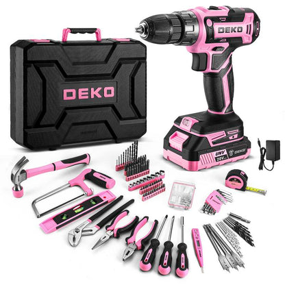 DEKO 186-Piece 20V Cordless Drill & Multi-Functional Tool Kit – All-In-One Electric Drill Driver Set with Battery for DIY, Home Repair, Pink Power Tools Kit, Valentine'S Day Gift